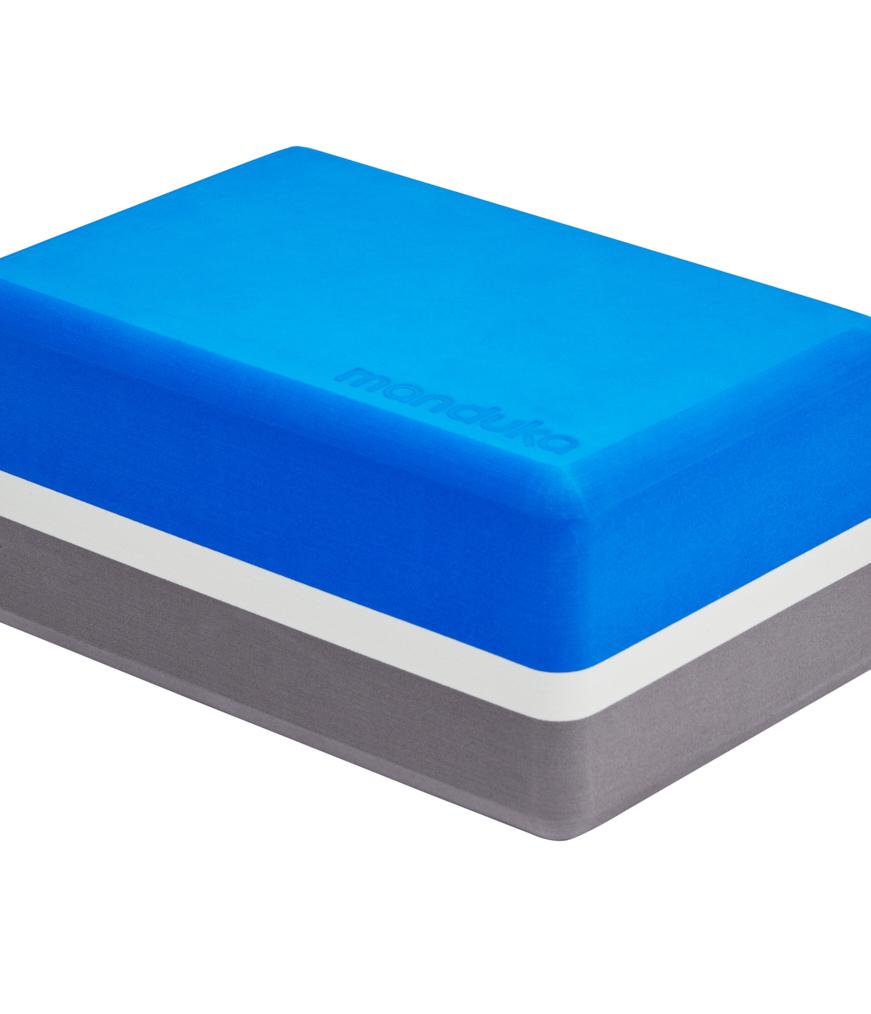 Manduka Recycled Foam Block - Be Bold Blue - corner view, blue side up | Manduka NZ