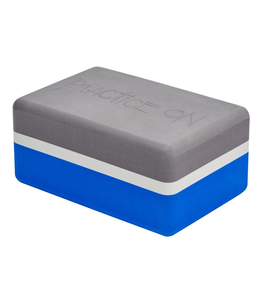 Manduka Recycled Foam Block - Be Bold Blue - corner view, grey side up | Manduka NZ