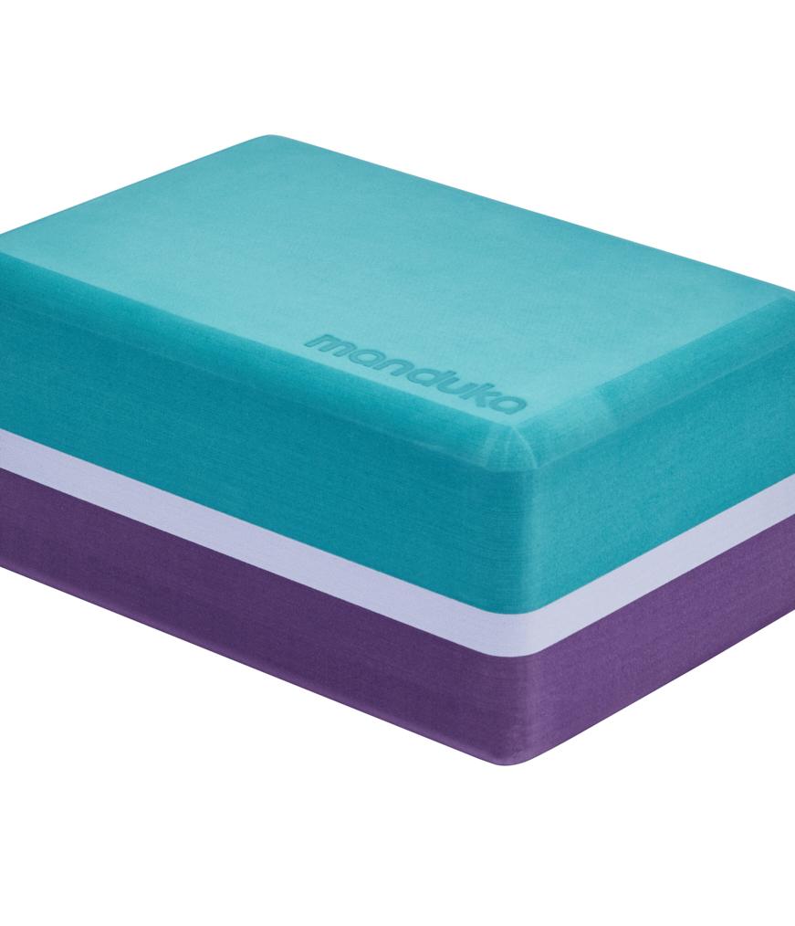 Manduka Recycled Foam Block - Cosmic Sky - corner view, teal side up | Manduka NZ