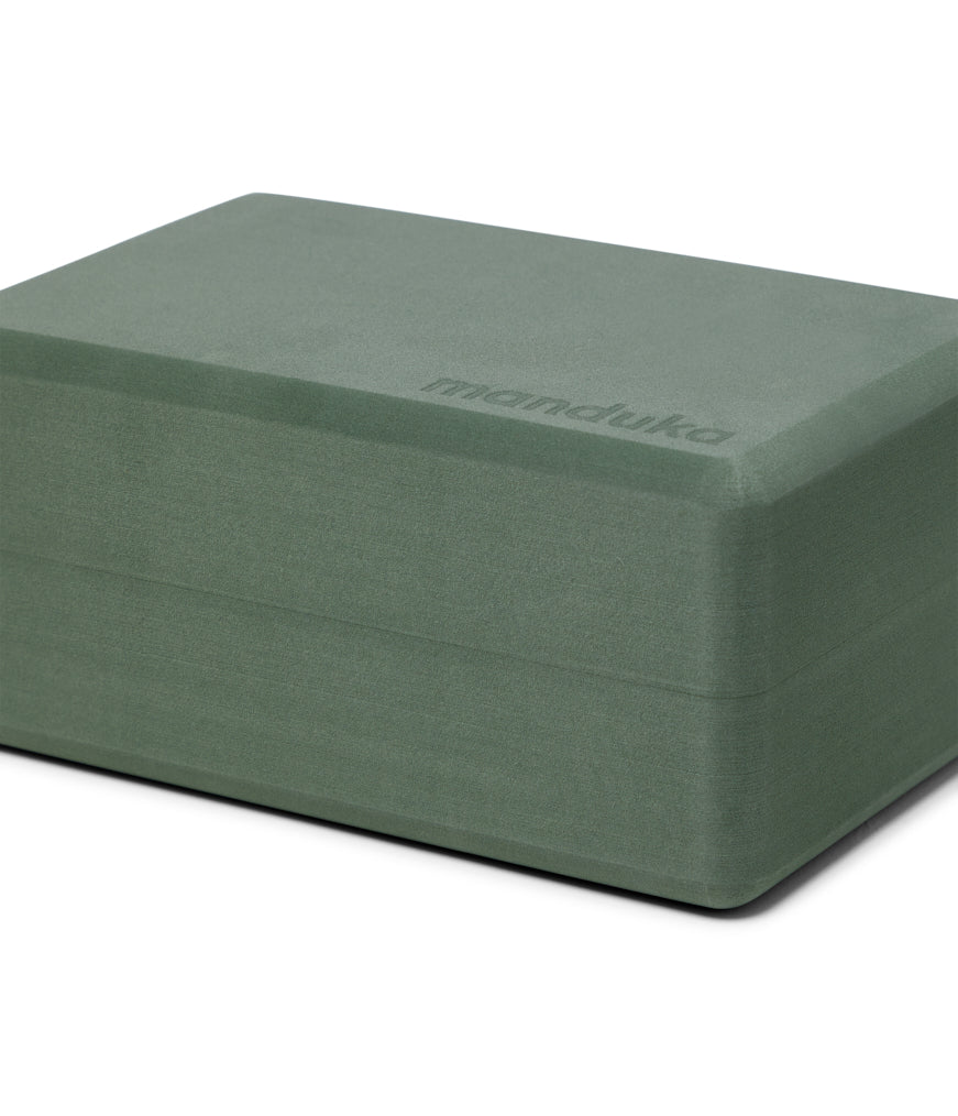Manduka Recycled Foam Block - Sage - standing horizontally | Manduka NZ
