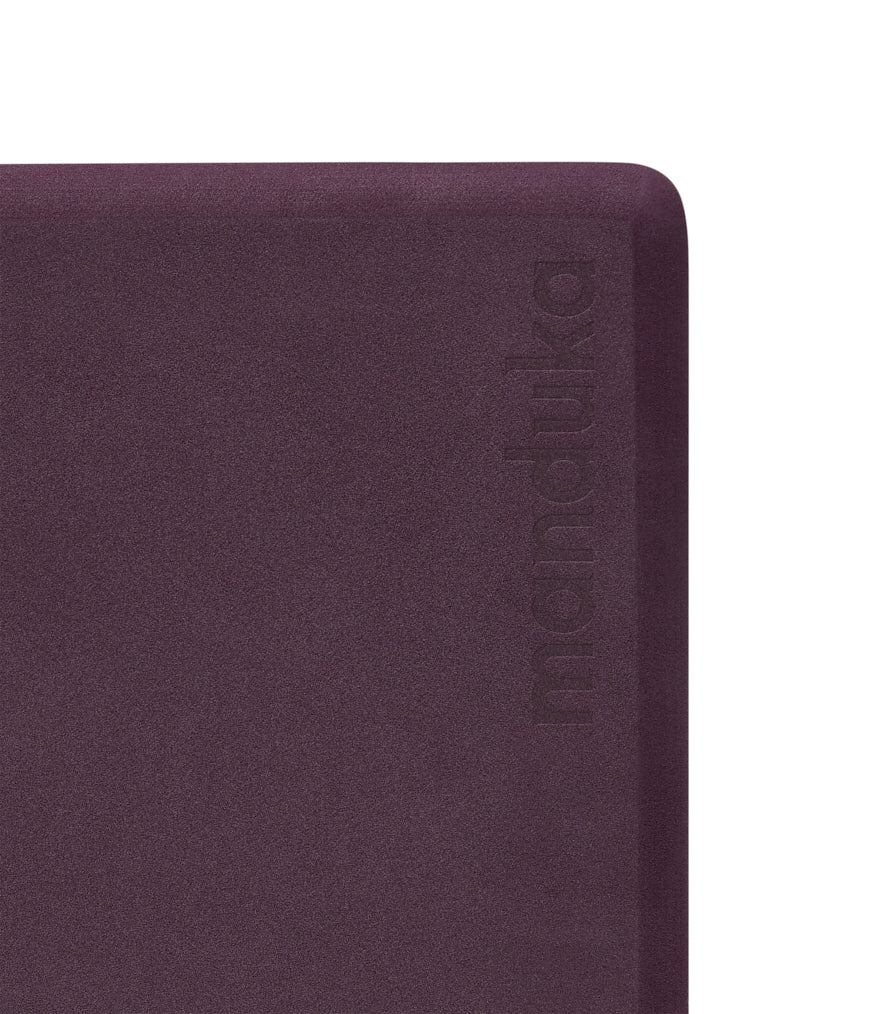 Manduka Recycled Foam Block - Indulge - corner view, with logo | Manduka NZ