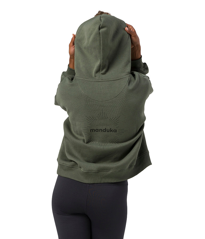 Half Moon Hoodie - Earth - Rear View - Hood Up - Gallery Image 5 | Manduka | Manduka NZ