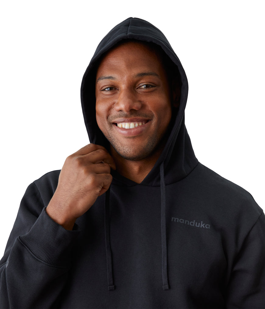Mens Half Moon Hoodie - Black - Front View - hood Up - Gallery Image 5 | Manduka | Manduka NZ
