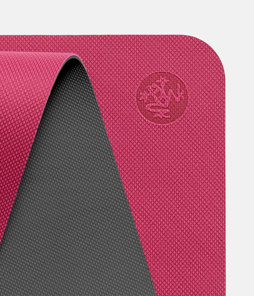 Manduka Begin Mat 5mm Yoga Mat - Dark Pink - top corner loosely rolled showing both sides | Manduka NZ