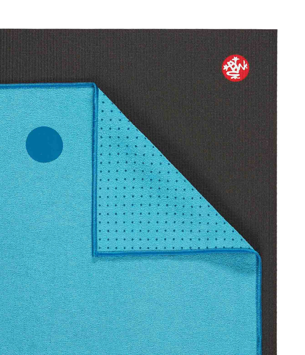 Manduka Yogitoes Mat Towel - Turquoise - lying flat, corner folded over | Manduka NZ